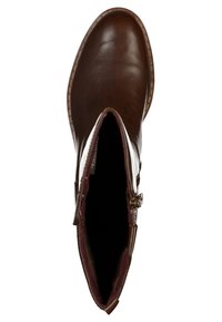 Brązowy skórzany botek za kostkę z zaokrąglonym noskiem i bocznym zamkiem błyskawicznym, o gładkim wykończeniu i minimalnym przeszyciu wokół podeszwy.