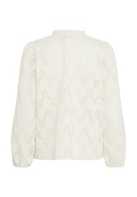 White long-sleeve lace blouse with puffed sleeves and a subtle zigzag pattern, shown from the back.