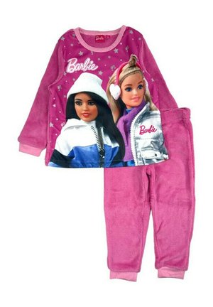 Ensemble de pyjama sur le thème de Barbie, comprenant un haut en flanelle rose à manches longues orné d'images de poupées et d'étoiles, associé à un pantalon en flanelle rose doux.