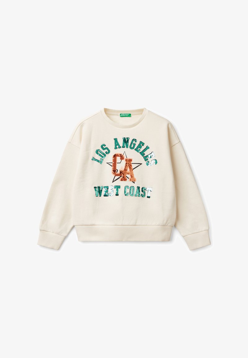 Sweatshirt couleur crème avec un col rond, arborant un texte imprimé "LOS ANGELES CA WEST COAST" en sequins teal et cuivre.