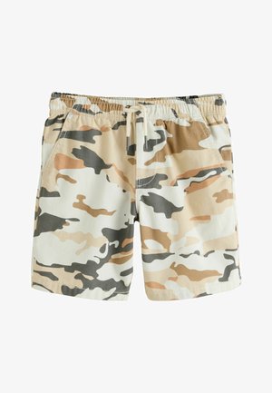 Beežid, pruunid ja hallid kamuflaažitrükiga lühikesed püksid elastse vöökohaga ja esitaskutega, trossiga vöö keskosas.