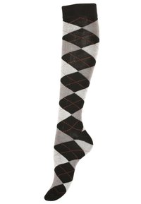 Calze fino al ginocchio con un motivo argyle in nero, grigio e bianco con accenti rossi. Realizzate in un tessuto elastico per comfort e vestibilità.