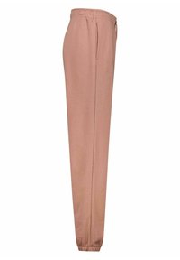 Ljusrosa joggingbyxor med elastisk midja, sidofickor och smalnade avslut. Tillverkade av mjukt tyg, med en slät yta och minimala detaljer.