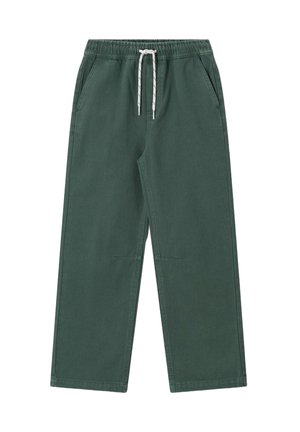 Dark green casual pants with elastic waistband and white drawstring, featuring side pockets and straight loose legs.