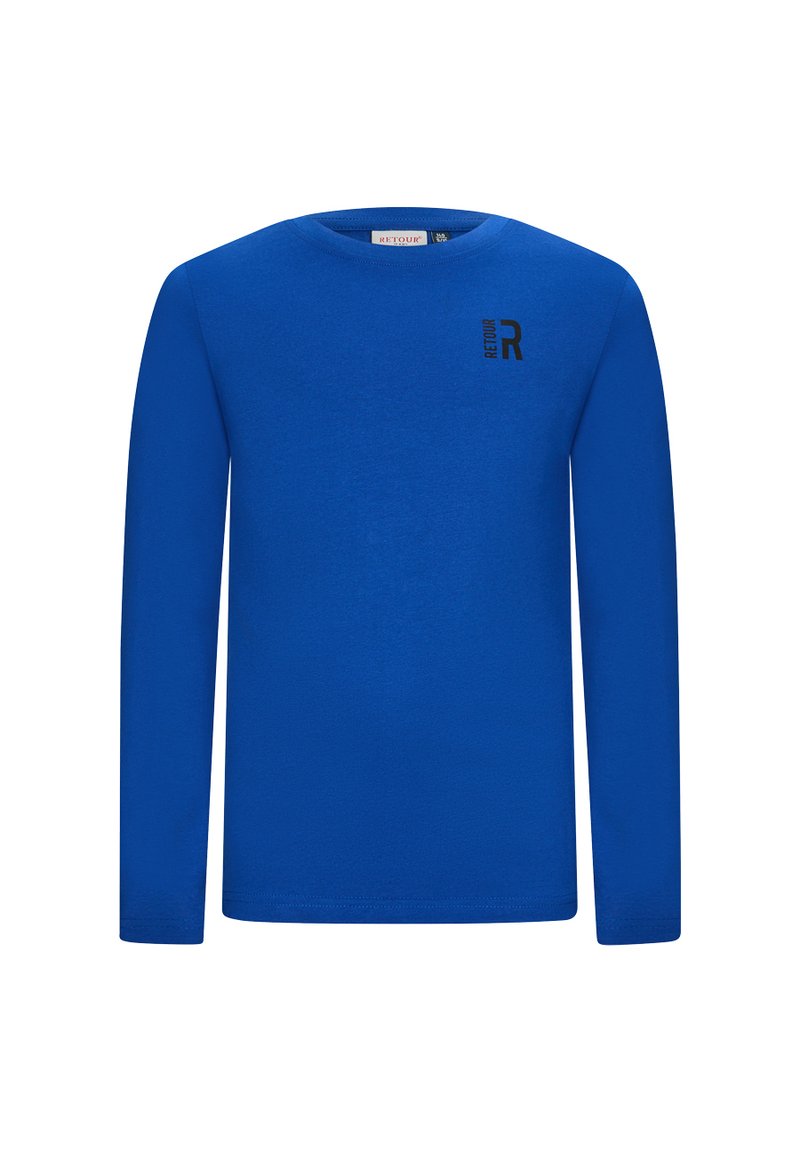 T-shirt a maniche lunghe in cotone blu brillante. Caratterizzato da un colletto rotondo e un piccolo logo "R" nero sul lato sinistro del petto. Texture liscia.