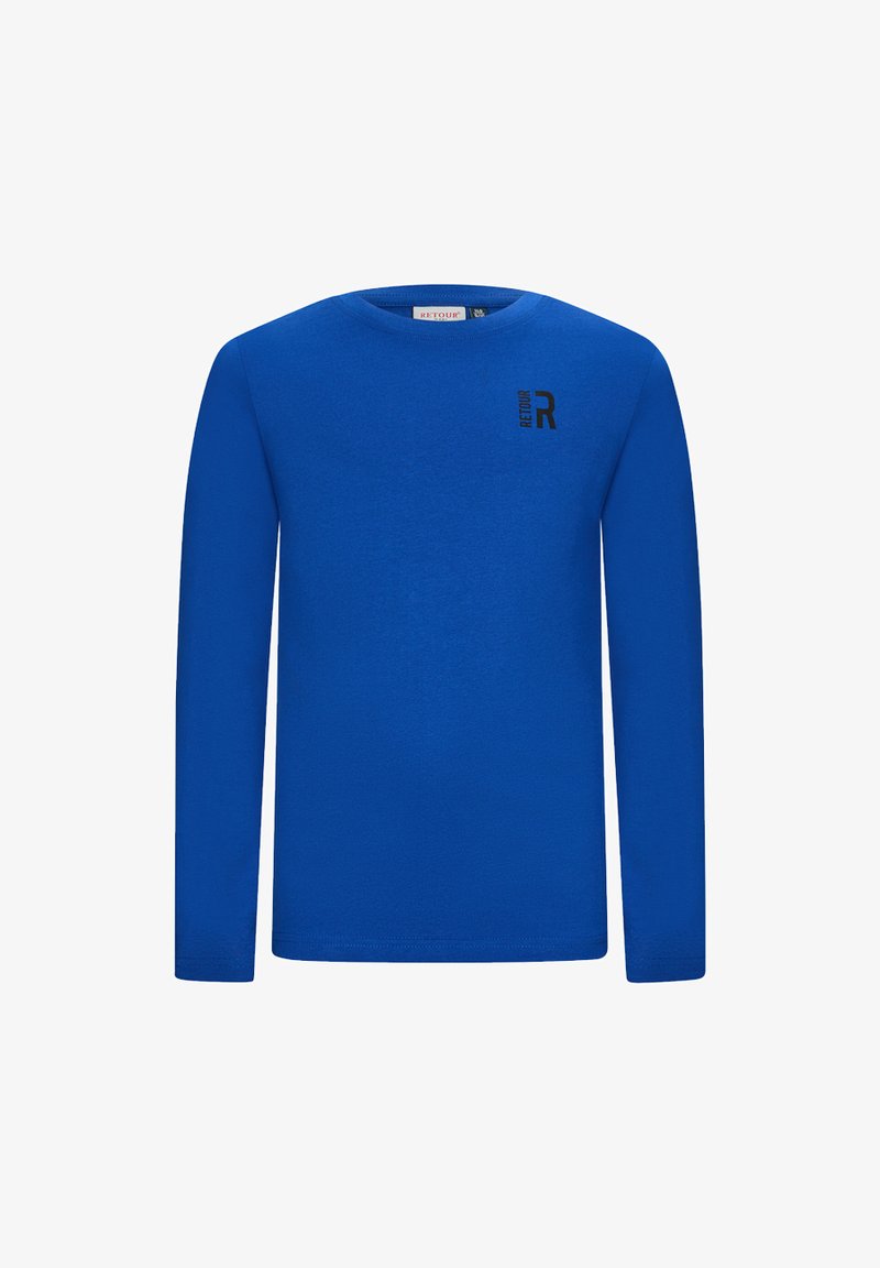 Langarm-T-Shirt aus hellblauem Baumwollstoff. Mit Rundhalsausschnitt und kleinem schwarzen "R"-Logo auf der linken Brust. Glatte Textur.
