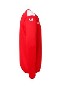 Rød langærmet sports-shirt med hvide detaljer på skuldrene. Lavet af glat stof, med rund halsudskæring og logoer på brystet og ærmet.
