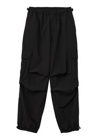 Schwarze Cargo-Hosen aus leichtem Stoff mit elastischem Bund, zwei seitlichen Taschen und gerafften Säumen für einen lässigen Sitz.