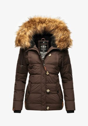 Bruine geïsoleerde jas met een afneembare nepbontkap, voorzien van een gequiltde structuur, twee voorkruiden en knoopaccenten.