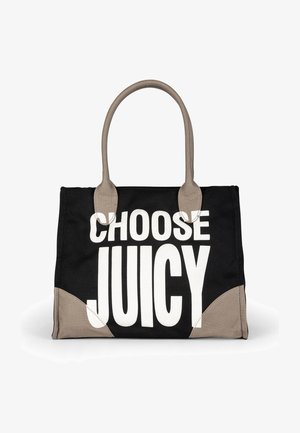 Borsa tote in tela nera con dettagli beige, caratterizzata da grande testo bianco "SCEGLI JUICY", due manici robusti e un design strutturato.