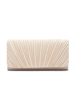 Rechthoekige beige clutch met fijn geplooid stofontwerp dat straalt vanuit het onderste midden, tegen een witte achtergrond.