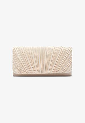 Rechthoekige beige clutch met fijn geplooid stofontwerp dat straalt vanuit het onderste midden, tegen een witte achtergrond.
