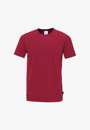 Rød kortærmet t-shirt lavet af glat stof, med rund halsudskæring, raglanærmer og et lille logo på venstre ærme.