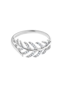 Anello argento a forma di foglia con accenti di cristallo lungo le foglie, caratterizzato da una fascia liscia. I dettagli intricati esaltano il suo design organico.