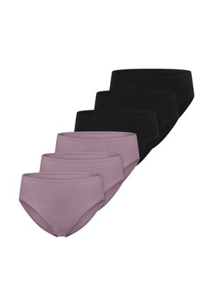 Satz von sechs Damen-Slips aus Baumwolle, drei in Mauve und drei in Schwarz, in zwei versetzten Reihen angeordnet.