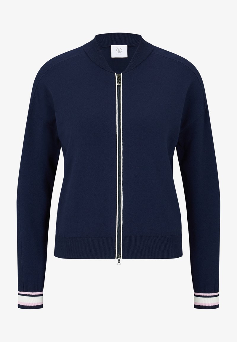 Cardigan bleu marine zippé avec col et poignets côtelés, avec des rayures blanches et roses sur les poignets et une fermeture éclair bidirectionnelle.