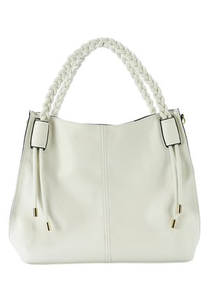 White leather handbag with braided handles, two drawstring accents, and gold-tone hardware. Soft texture and slouchy shape.