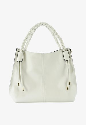 Weiße Lederhandtasche mit geflochtenen Henkel, zwei Kordelzugakzenten und Hardware in Goldoptik. Weiche Textur und lässige Form.