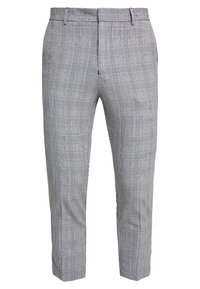 Šedé slim-fit kalhoty s černobílým kostkovaným vzorem, poutky na opasek a bočními kapsami.