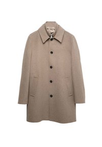 Abrigo de lana beige con mezcla de tejidos, featuring cuello de muesca, seis botones negros, dos bolsillos laterales y una silueta recta. Textura suave.