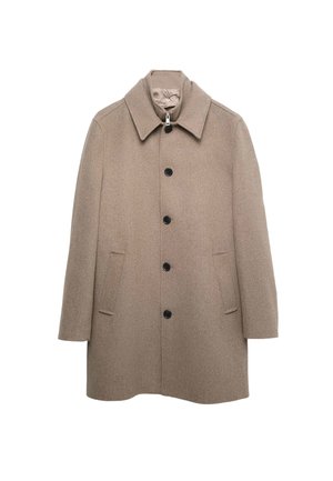 Abrigo de lana beige con mezcla de tejidos, featuring cuello de muesca, seis botones negros, dos bolsillos laterales y una silueta recta. Textura suave.