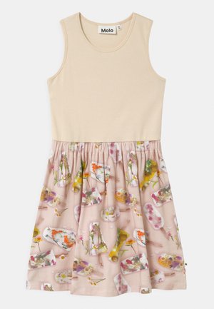 Robe sans manches beige avec une jupe plissée rose ornée d'imprimés colorés de popsicles floraux.