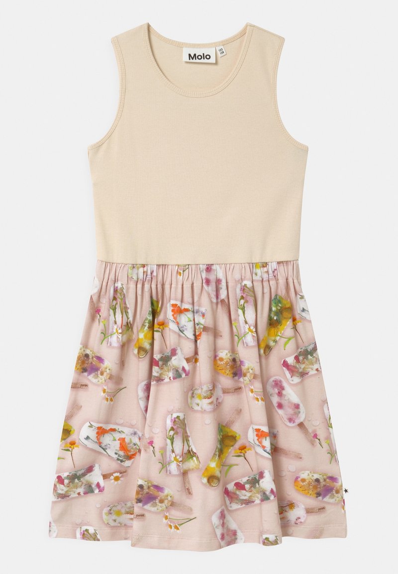 Vestito senza maniche beige con gonna rosa arricciata caratterizzata da stampe colorate di gelati a forma di ghiacciolo.