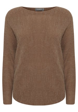 Brown knitted sweater with a wide neckline, long sleeves, and a textured rib pattern. Features a relaxed fit and subtle sheen.