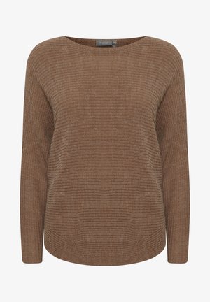 Barna kötött pulóver széles nyakkivágással, hosszú ujjakra és texturált bordázott mintázatra. Lazán álló fazon, enyhe fényességgel.