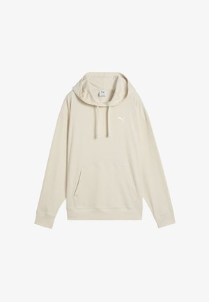 Cremfarbener Hoodie mit gerippter Textur, Kordelzugkapuze und Kängurutasche. Mit einem kleinen weißen Logo auf der Brust.