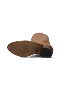 Bruine leren laars met een ronde neus, een gladde bovenkant en een gestructureerde rubberen zool. Zichtbaar merkimago op de binnenzool.