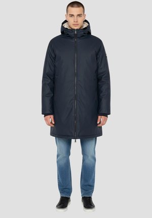 Cappotto invernale lungo blu navy con cappuccio, chiusura con zip e tasche laterali, progettato con una superficie esterna liscia e una calda fodera interna.