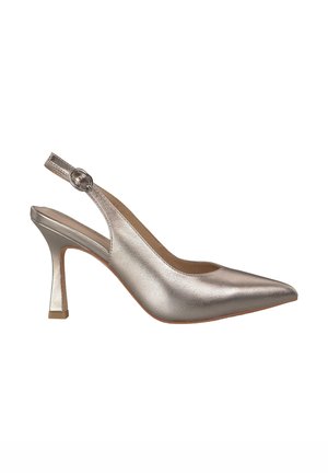 Silver slingback pump featuring a pointed toe, smooth metallic finish, mid-height heel, and a buckle detail on the adjustable strap.