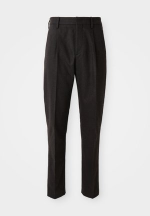 Pantalones de lana negra mezcla con corte recto, que cuentan con un frente plano, dos bolsillos laterales y una textura suave.