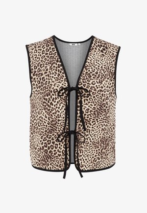 Prsluk bez rukava s uzorkom leopard kože, V-izrezom, crnim detaljima i dva prednja vezivanja. Mekan materijal s teksturiranim uzorkom i otvorenim dizajnom sprijeda.