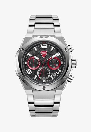 Ducati kronografur i rustfrit stål med sort tekstureret urskive, sølv- og røde underviser, hvide markører og datovindue ved kl. 4.