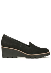 Schwarze Wildleder-Wedgeschuhe mit einem Slip-On-Design, ausgestattet mit einer strukturierten Sohle und kontrastierenden hellen Stichen entlang der Kante.