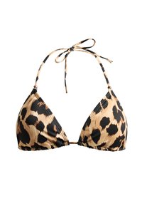 Top bikini con stampa leopardata, con lacci regolabili, a forma triangolare, con base beige e macchie nere per un motivo a contrasto.