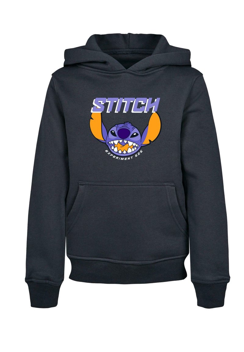 Tmavomodrá mikina s kapucňou a klokankou, s grafikou Stitcha so žiarivými modrými, fialovými a oranžovými detailmi. Nastaviteľná kapucňa.