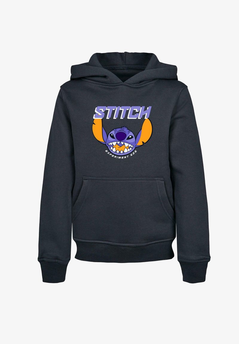 Tumši jūras zilas krāsas sporta džemperis ar kangaroo kabatu, kam ir grafika ar Stitch, kurā ir spilgti zili, violets un oranžs akcenti. Regulējamā kapuce.