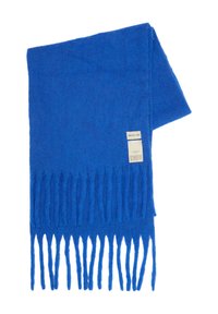 Blauwe wollen sjaal met lange franjes en een wit label waarop "Arctic Fox" staat, gevouwen op een witte achtergrond.