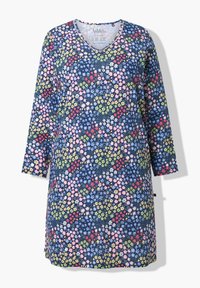 Vestito floreale con sfondo blu navy e motivi floreali colorati, scollatura a V e maniche a tre quarti, realizzato in tessuto morbido.