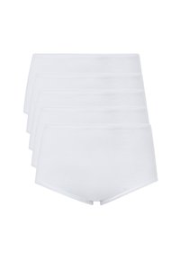 Witte katoenen onderbroekjes, vijf paar, middelhoge pasvorm, gladde textuur, effen kleur, geen patronen of hardware, eenvoudig en functioneel.