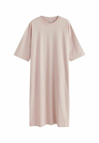 Hellrosa, kurzärmeliges T-Shirt-Kleid aus weichem Baumwollstoff. Schlichte, lockere Passform mit Rundhalsausschnitt und geradem Schnitt, ohne Muster oder Akzente.