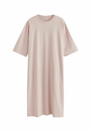 Ljusrosa, kortärmad t-shirtklänning i mjuk bomull. Enkel, avslappnad passform med rund hals och rak skärning, utan mönster eller detaljer.