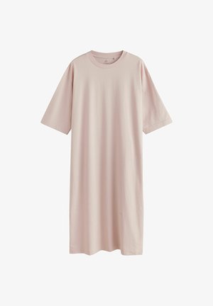 Ljusrosa, kortärmad t-shirtklänning i mjuk bomull. Enkel, avslappnad passform med rund hals och rak skärning, utan mönster eller detaljer.