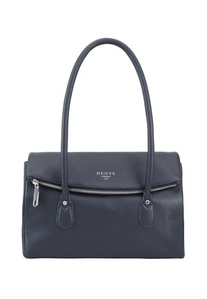 Donkerblauwe leren handtas met twee handvatten, een horizontale ritszak aan de voorkant en het logo "Dents Established 1777".