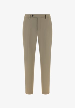 Béžové nohavice na mieru so strihom rovno, predné záhyby, zips na zapínanie a jeden čierny gombík; vyrobené z ľahkej, hladkej tkaniny.