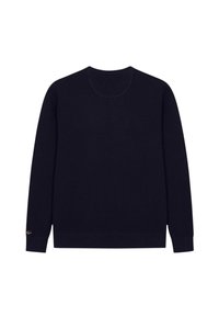 Granatowy sweter dzianinowy z długimi rękawami, okrągłym dekoltem oraz prążkowanymi mankietami i dołem. Posiada subtelne logo marki na rękawie, wykonany z miękkiego materiału.