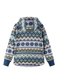 Sweatshirt com capuz com padrões geométricos e flocos de neve em azul, verde e vermelho, mostrado desde as costas.